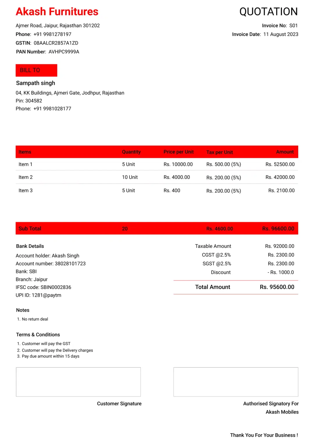 Enterprise furniture shop quotation format to create professional quotation