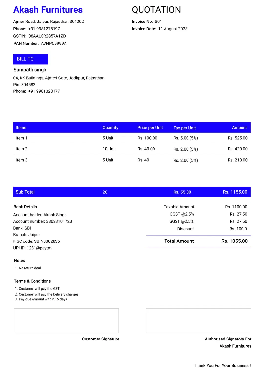 Stylish furniture shop quotation format to create professional quotation