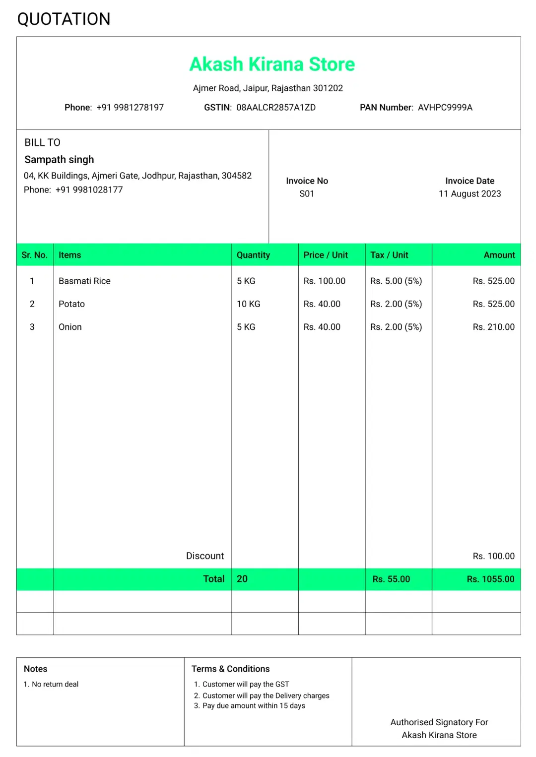 Classic grocery shop quotation format to create professional quotation