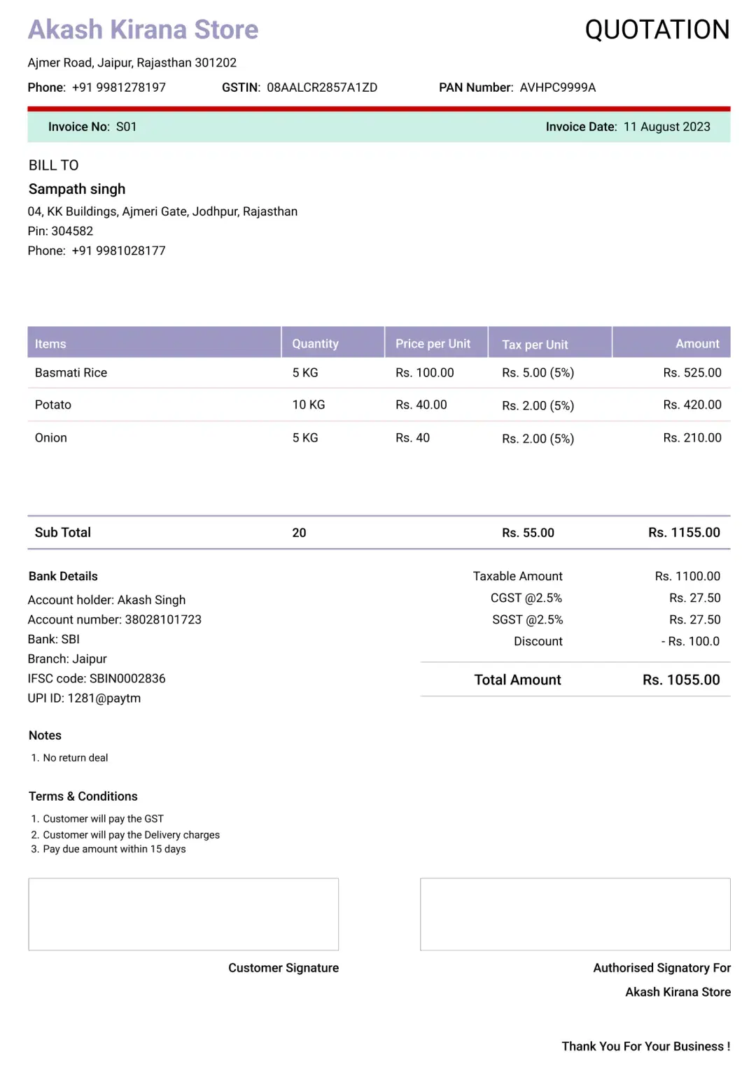 modern kirana store quotation format to create professional quotation