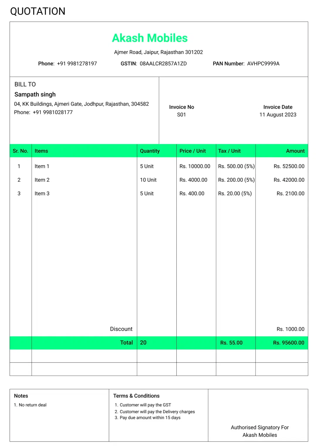 Classic mobile shop quotation format to create professional quotation