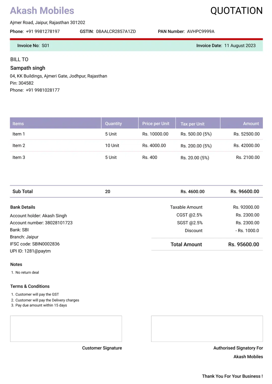 Modern mobile shop quotation format to create professional quotation