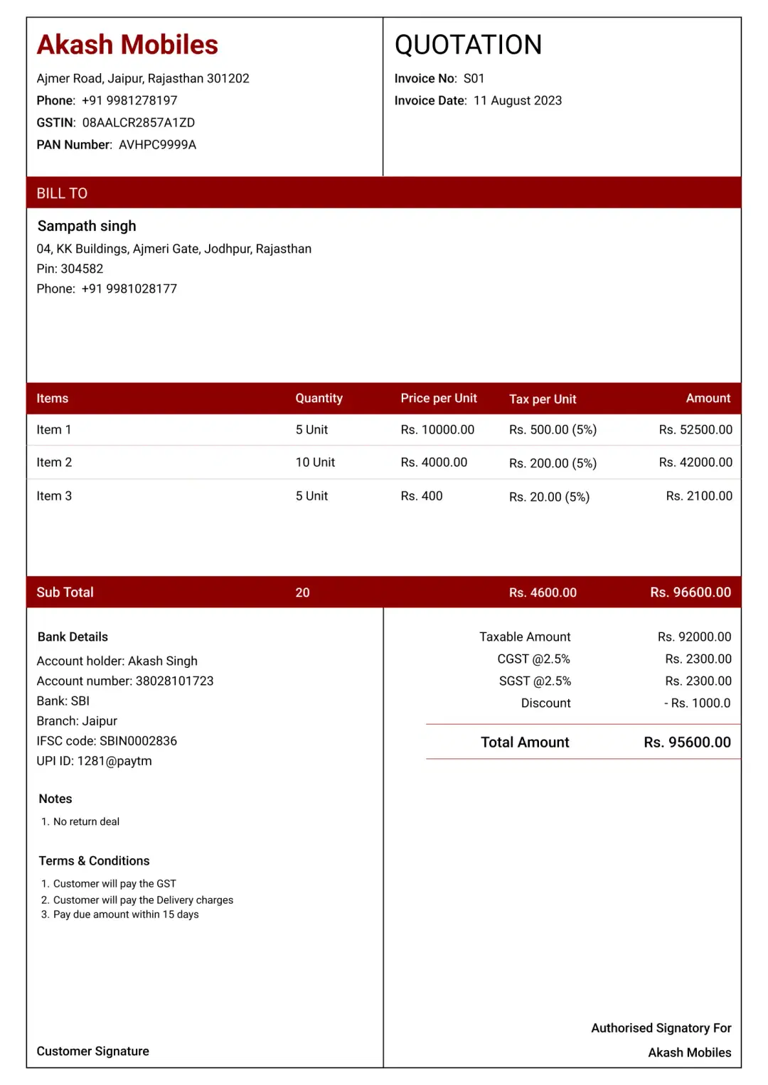 Standard mobile shop quotation format to create professional quotation