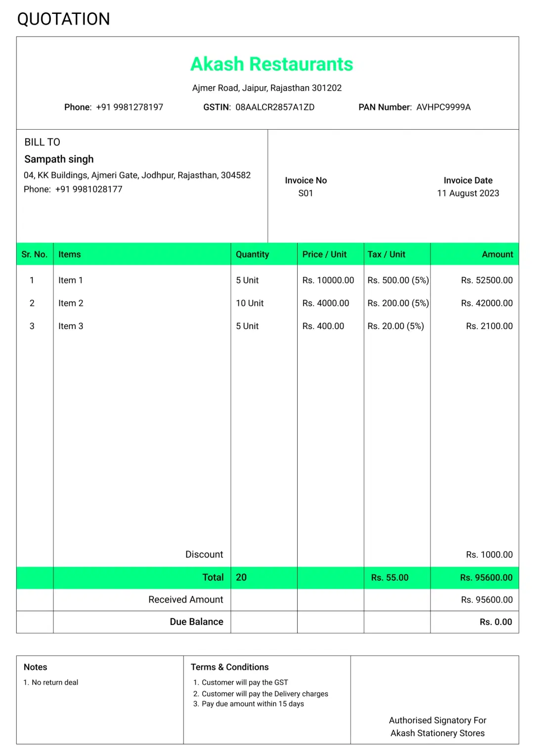 classic restaurant quotation format to create professional quotation