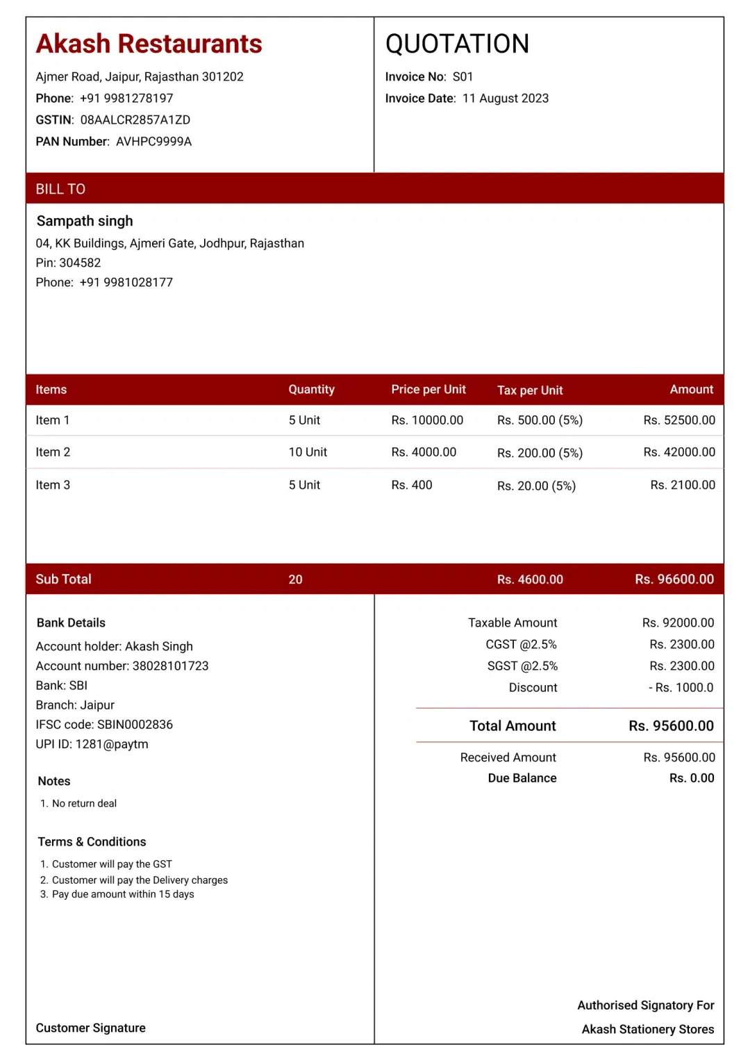 standard restaurant stationery quotation format to create professional quotation