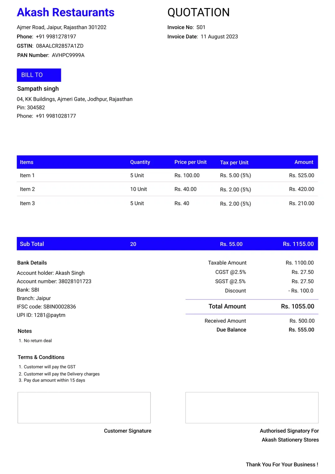 stylish restaurant quotation format to create professional quotation