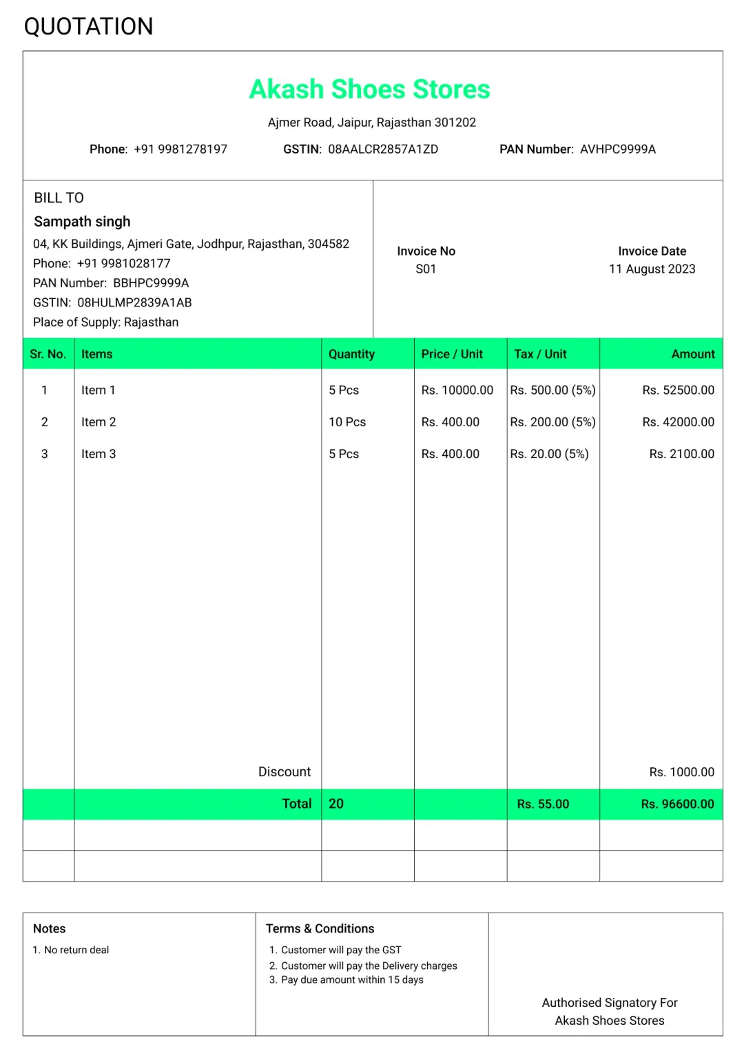 classic shoes quotation format to create professional quotation