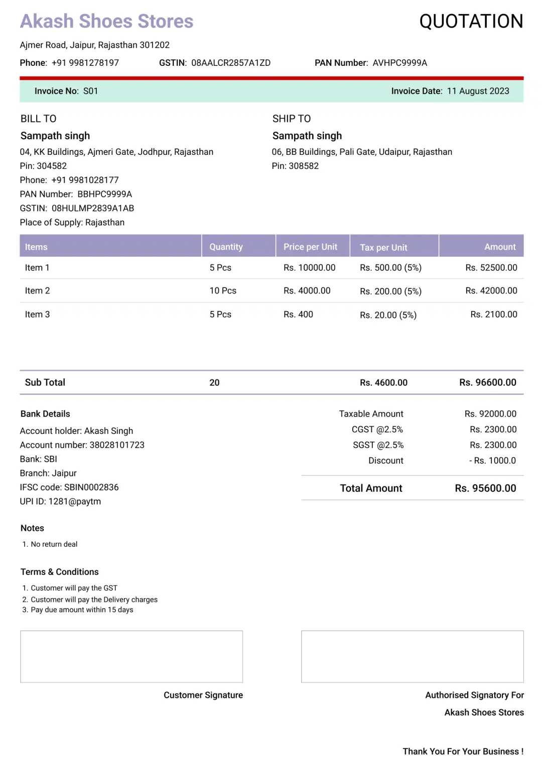 modern shoes quotation format to create professional quotation